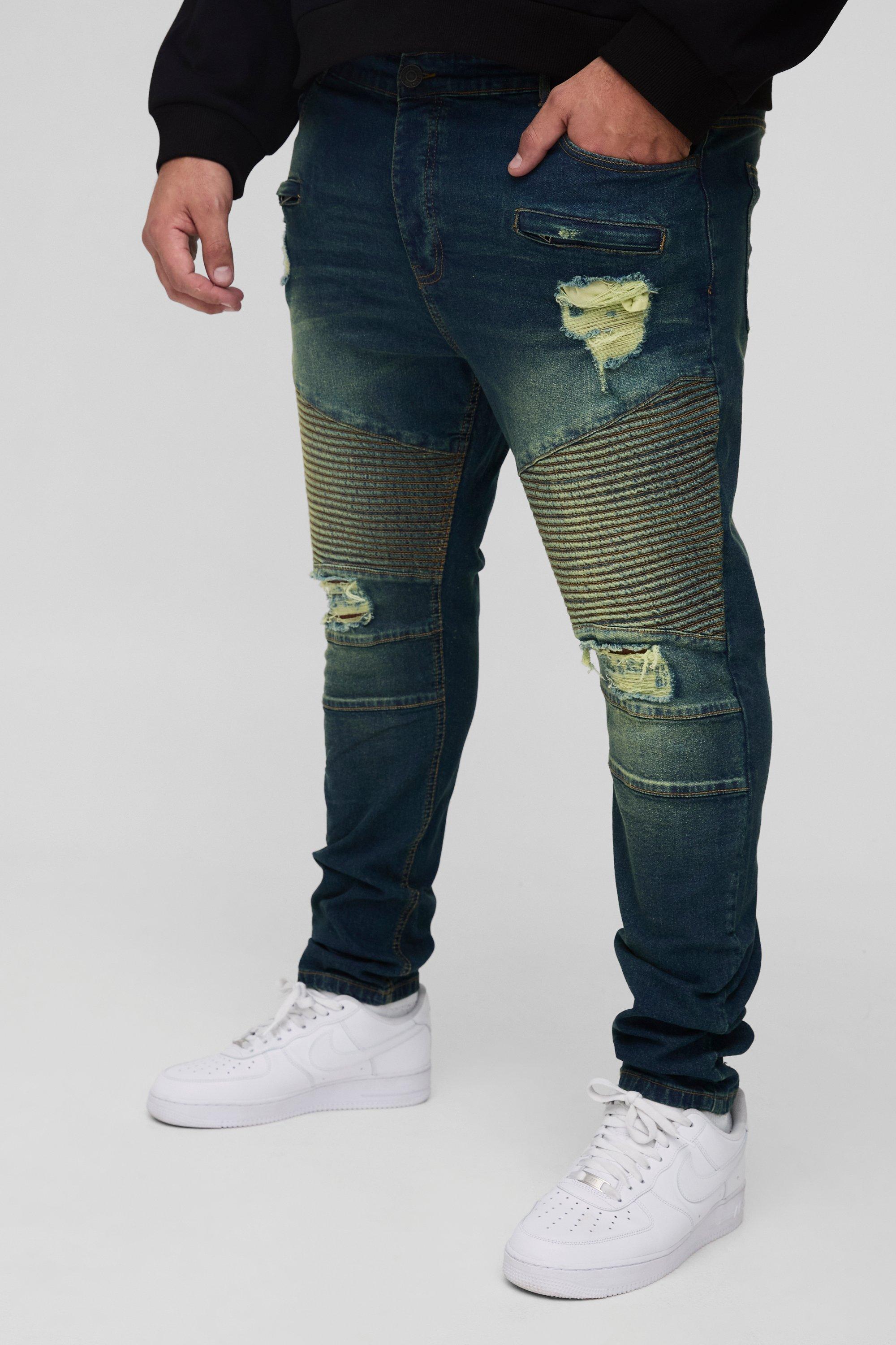 Plus Skinny Stretch Ripped Distressed Biker Jeans boohooMAN UK